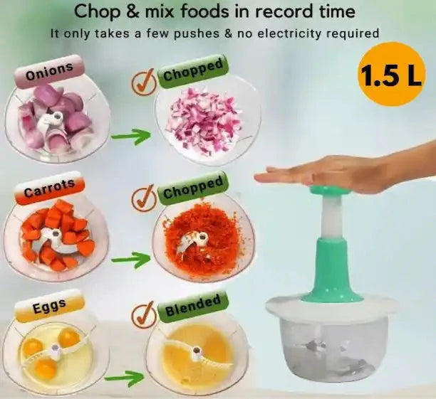 1.5L Manual Food Chopper with Steel Blades &  Vegetable Fruit Cutter